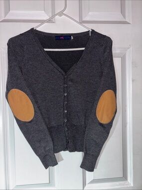 Roma Collection Charcoal Gray Cardigan with Tan Elbow Patches